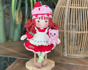 Strawberry Shortcake Häkelpuppe: 38 cm Handgefertigtes Amigurumi Plüschtier Mit Katze