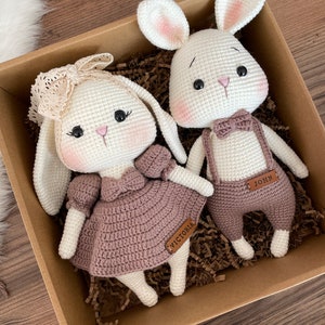 Crochet Bunny Couple Personalized Doll | Amigurumi Knitted Rabbit Toy | Newborn Custom Gift Basket | Birthday Gift For Her | Valentine's Day