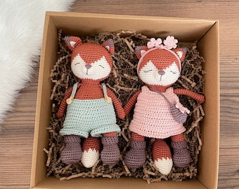 Gehäkeltes Fuchs Paar Spielzeug | Handgemachtes Amigurumi Plüsch, personalisiertes Geschenk