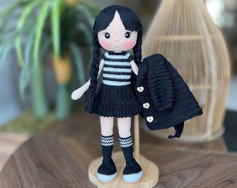 Handmade Crochet Wednesday Addams Doll: Personalized Goth Plush Toy