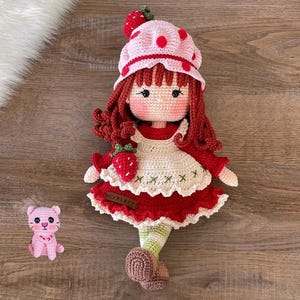 Crochet Strawberry Girl Doll | Collectible Cat Plushie | Amigurumi Gift For Kids | Personalized Toy With Leather Label | Includes Kitten Pet