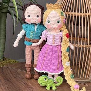 Rapunzel And Flynn Rider Dolls | Handmade Amigurumi Crochet Rapunzel With Pascal | Custom Princess Doll Set | Personalized Fairy Tale Gift