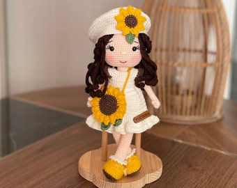 Crochet Doll | Personalized Doll Sunflower Girl | Personalized Baby Toys | Baby Shower Gift Basket | Birthday Gift Box For Her