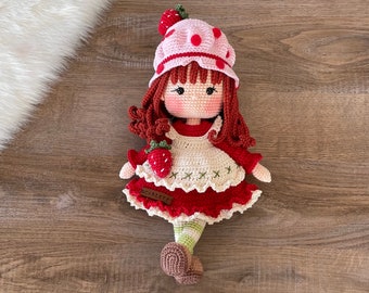 Gehaakte pop | Gepersonaliseerde pop Strawberry Shortcake Girl | Amigurumi gebreide Amerikaanse groeten zachte knuffel | Verjaardagscadeaudoos voor haar