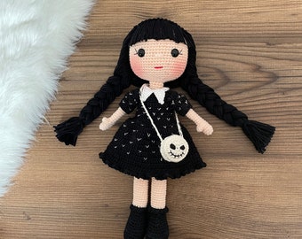 Crochet Wednesday Addams Personalized Doll | Amigurumi Knitted Soft Plushie Toy | Infant Baby Birthday Gift Box | For Her Valentine's Day