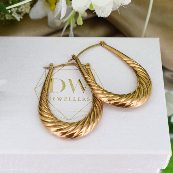 Vintage 9ct 9K Gold Croissant Large Hoop Aretes - Hoops