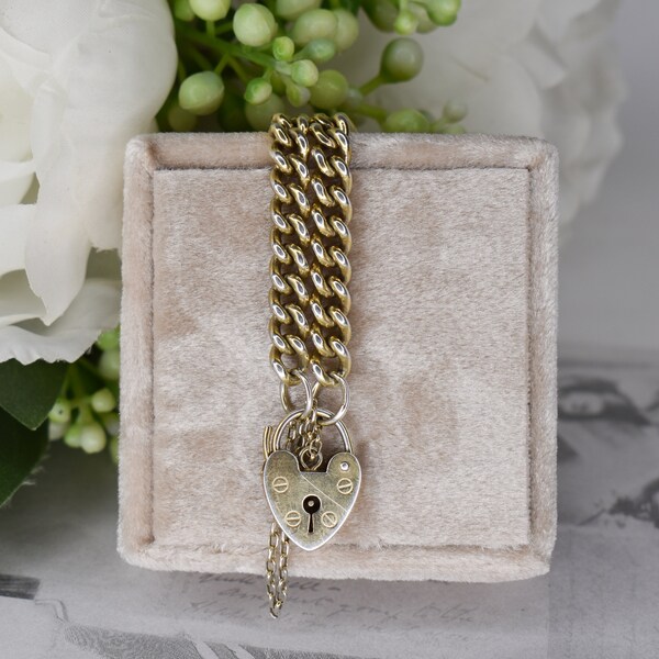 Vintage Heart Padlock Curb Link Gold on Sterling Silver Bracelet with Safety Chain - Antique Style