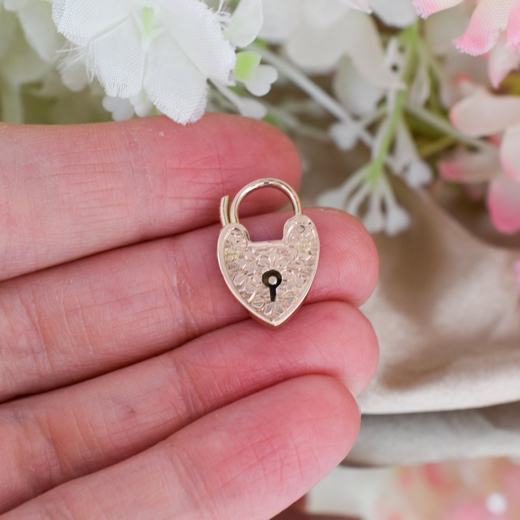 Antique Engraved Opening Heart Padlock 9ct 9K Gold Charm 