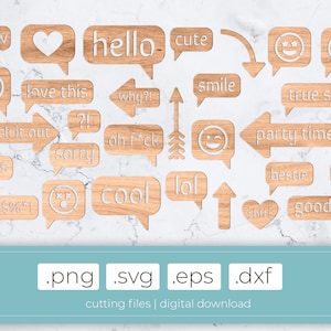 Houten borden snijmappen | .svg .dxf .eps .png, lasercut bestanden opmerkingen, emoji, citaten, tekstballonnen, pijlen en meer