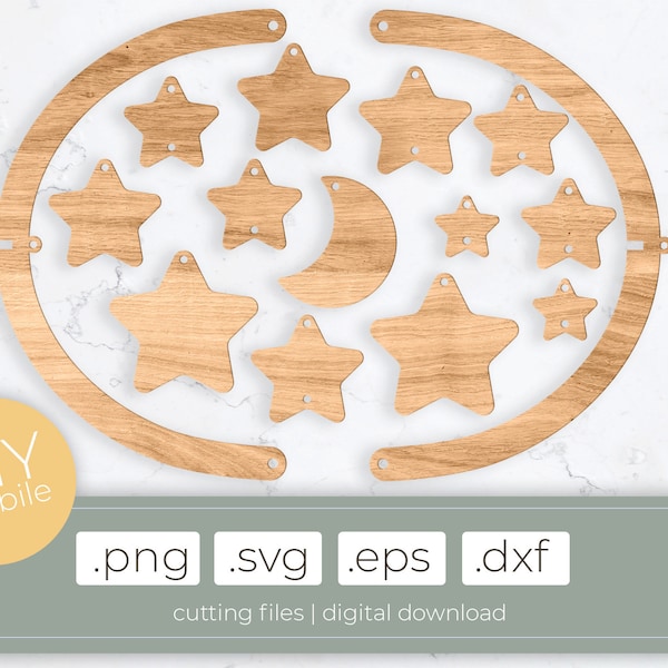 Cutting files wooden mobile, space stars boho hanger, DIY mobile lasercut files .svg .dxf .eps .png,  build your own kids room deco