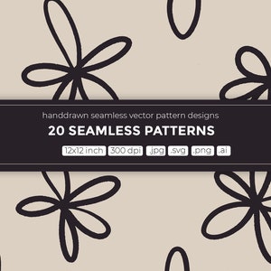 Puede incluir: Un dise&ntilde;o de patr&oacute;n sin costuras con flores estilizadas negras sobre un fondo beige. El dise&ntilde;o mide 30,48 cm por 30,48 cm y 300 dpi. El patr&oacute;n est&aacute; disponible en formatos JPG, SVG, PNG y AI.