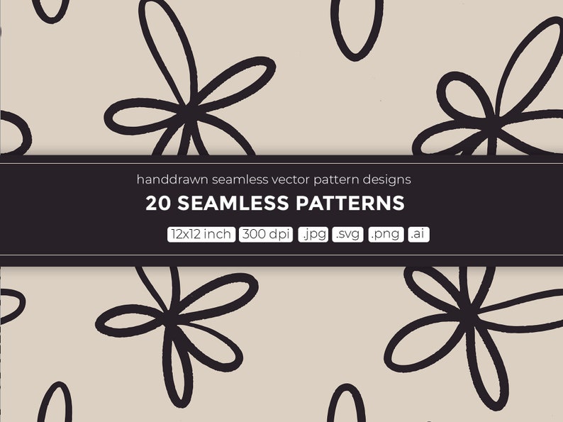 Puede incluir: Un dise&ntilde;o de patr&oacute;n sin costuras con flores estilizadas negras sobre un fondo beige. El dise&ntilde;o mide 30,48 cm por 30,48 cm y 300 dpi. El patr&oacute;n est&aacute; disponible en formatos JPG, SVG, PNG y AI.