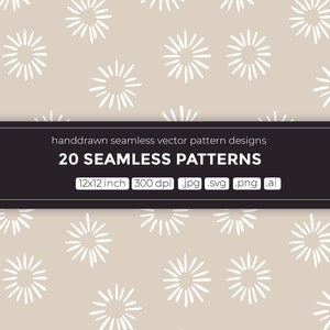 Puede incluir: Un dise&ntilde;o de patr&oacute;n sin costuras con rayos de sol estilizados blancos sobre un fondo beige. El texto "handdrawn seamless vector pattern designs" y "20 SEAMLESS PATTERNS" se muestra en texto negro sobre un rect&aacute;ngulo negro. El texto "12x12 inch 300 dpi .jpg .svg .png .ai" se muestra en texto blanco sobre un rect&aacute;ngulo blanco.