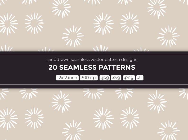 Puede incluir: Un dise&ntilde;o de patr&oacute;n sin costuras con rayos de sol estilizados blancos sobre un fondo beige. El texto "handdrawn seamless vector pattern designs" y "20 SEAMLESS PATTERNS" se muestra en texto negro sobre un rect&aacute;ngulo negro. El texto "12x12 inch 300 dpi .jpg .svg .png .ai" se muestra en texto blanco sobre un rect&aacute;ngulo blanco.