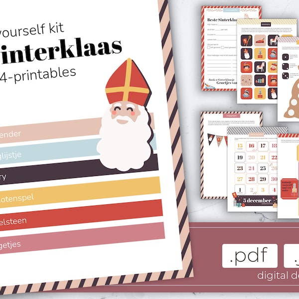 DIY kit Sinterklaas, 10 printables für sint en piet, pakjesavond verlanglijstje, memory, kruidnotenspel, aftelkalender, dobbelsteen en meer
