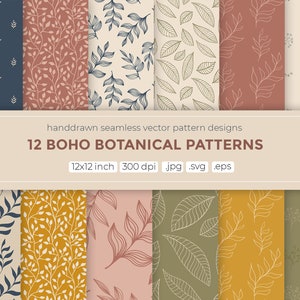 Boho botanisches Bündel, 12 digitale Papiere, nahtloses Vektormuster, Frühlingsmuster, handgezeichnete Boho-Pflanzen, Blumen, Blätter und mehr