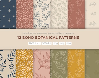 Paquete botánico boho, 12 papeles digitales, patrón vectorial sin costuras, patrón primaveral, plantas boho dibujadas a mano, flores, hojas y más