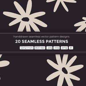 Puede incluir: Un conjunto de 20 patrones vectoriales sin costuras con dise&ntilde;os de margaritas dibujados a mano en color beige sobre un fondo negro. Los patrones est&aacute;n disponibles en tama&ntilde;o de 12x12 pulgadas a 300 dpi y en formatos JPG, SVG, PNG y AI.