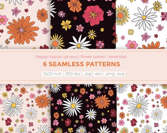 Summer 2023 digital paper, hippie flower pattern, seamless vector pattern flower power, groovy floral pattern, commercial use