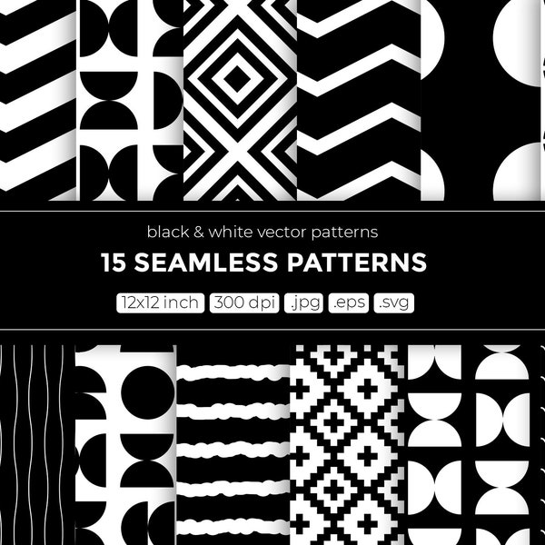 Black and white digital paper, seamless vector pattern, trendy, scandinavian digital paper, geometric pattern, black and white wallpapers