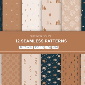 May include: Twelve seamless patterns in a summer boho style. The patterns feature various geometric shapes, including triangles, stars, and eyes, in shades of brown, beige, and blue.
