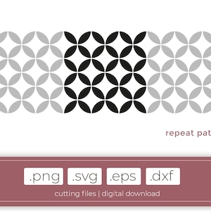 May include: A black and white geometric repeat pattern with a black center section and gray sections on either side. The pattern is made up of overlapping circles.