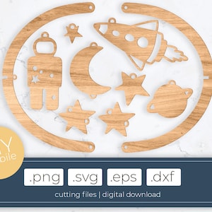 Cutting files wooden mobile, space child universe hanger, DIY mobile lasercut files .svg .dxf .eps .png,  build your own kids room deco