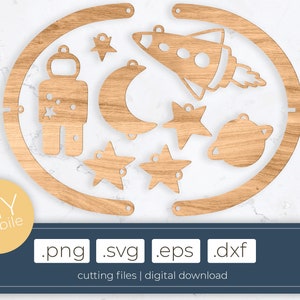 File di taglio mobile in legno, gancio dell'universo bambino spaziale, file lasercut mobili fai-da-te .svg .dxf .eps .png, costruisci la tua stanza dei bambini deco
