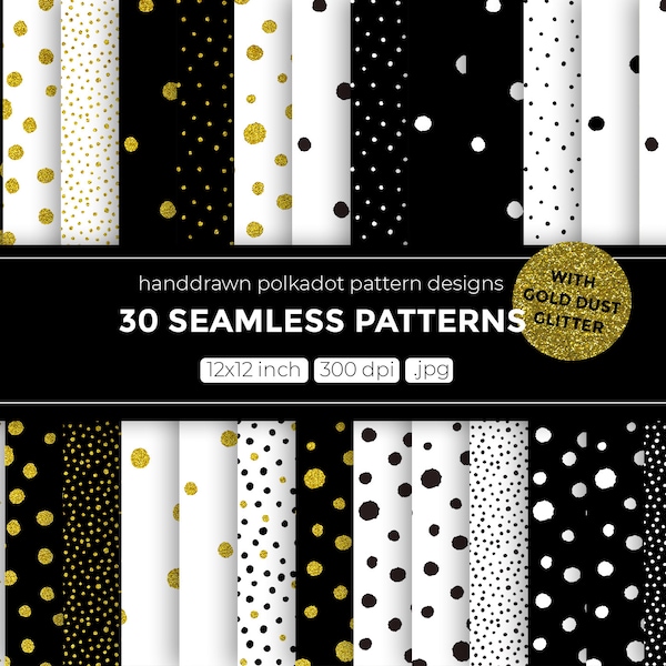 30 seamless pattern design, digital paper, polkadot patterns with gold glitter, dots, confetti, handdrawn, personal and commercial use