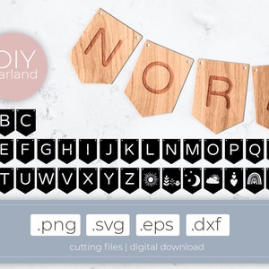 Holzgirlande Schneidedateien | DIY Girlande .svg .dxf .eps .png, lasercut Dateien, Alphabet, Buchstaben guirlande, Schablonen, Cricut Name Flaggen