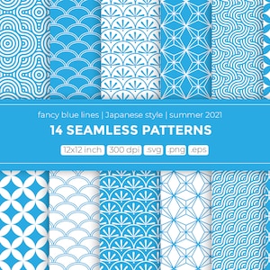 Summer 2021, digital paper, seamless vector pattern, japanese style, blue tiles, lines, waves and more.. line patterns in png, svg, eps