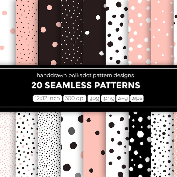 20 seamless pattern design, digital paper, polkadot pattern, with doodles, dots and confetti, handdrawn,  for personal and commercial use