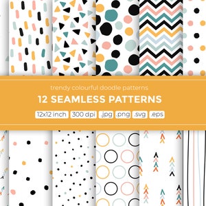 May include: Twelve seamless patterns featuring various geometric shapes and doodle designs in a white background with black, blue, pink, yellow, and orange colors. The patterns are 12x12 inches and 300 dpi. The file formats are .jpg, .png, .svg, and .eps.