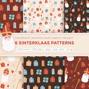 6 papéis digitais Sinterklaas, padrões vetoriais sem emenda, padrão Sint en piet, papel de parede sinterklaas desenhado à mão, sinterklaas imprimível