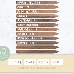 Snijbestanden voor voedseletiketten, allergiemarkers, lasercut vijlen buffetstaken, doe-het-zelf houten dieetvoedseletiketten, glutenvrij veganistisch keto en meer..