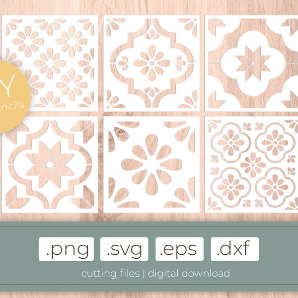 Tiles stencil cutting files | 6 pattern tiles in .svg .dxf .eps .png, cutting files, diy paint tiles cricut lasercut stencil files