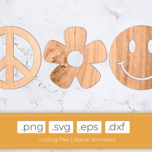 File di taglio hippie / faccina fiore della pace, file lasercut, cartello in legno fai-da-te groovy, stencil flower power, cricut pace, .svg .dxf .eps .png
