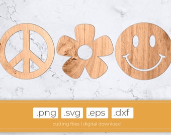 Hippie cutting files | peace flower smiley, lasercut files, groovy DIY wooden sign, flower power stencils, cricut peace, .svg .dxf .eps .png