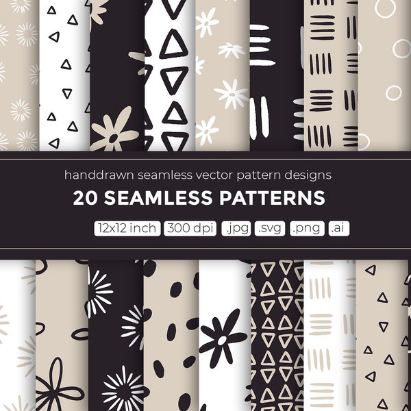 Seamless pattern design, digital papers, black white beige kraft pattern, doodles, trendy pattern, handdrawn wallpapers or scrapbook paper