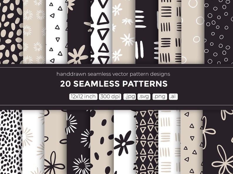 Puede incluir: Veinte patrones vectoriales sin costuras en blanco y negro con dise&ntilde;os geom&eacute;tricos y florales. Los patrones son de 12x12 pulgadas y 300 dpi. Los formatos de archivo son jpg, svg, png y ai.