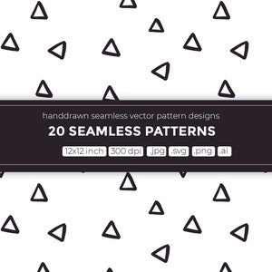 Puede incluir: Un dise&ntilde;o de patr&oacute;n sin costuras con un fondo blanco y formas triangulares negras. El texto "handdrawn seamless vector pattern designs" y "20 SEAMLESS PATTERNS" se muestra en una pancarta negra. El texto "12x12 inch 300 dpi jpg .svg .png .ai" se muestra en una pancarta blanca.