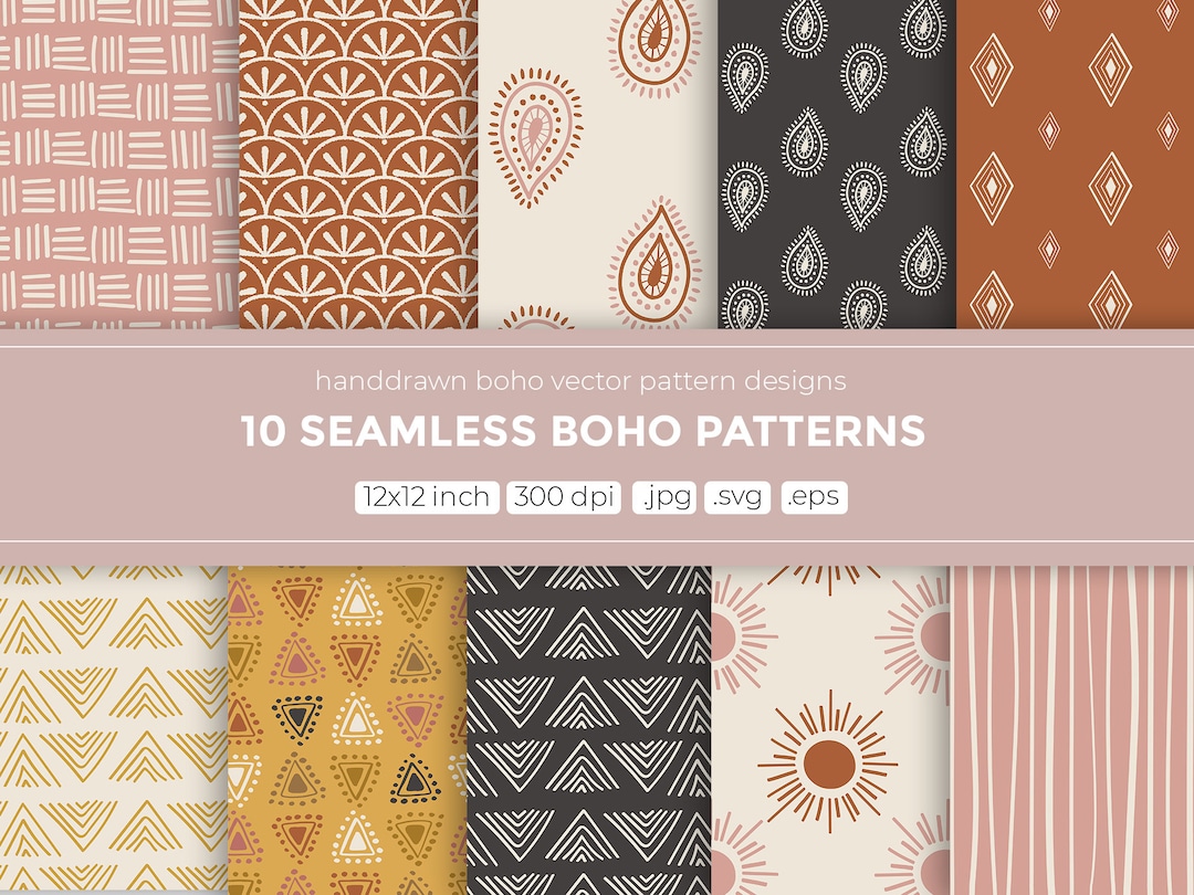 Boho Style Digital Paper, Seamless Vector Pattern, Handdrawn Bohemian ...