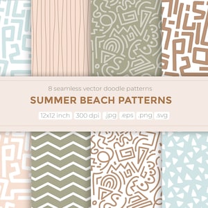 May include: Set of eight 12x12 inch seamless vector doodle patterns in brown, green, blue, and white. The patterns feature geometric shapes, lines, and abstract designs. The text "SUMMER BEACH PATTERNS" is displayed in brown text on a light brown background.
