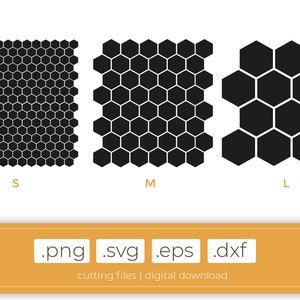 Pode incluir: Três padrões de favo de mel pretos em tamanhos diferentes, etiquetados como S, M e L. Os padrões estão disponíveis para download digital nos formatos .png, .svg, .eps e .dxf.