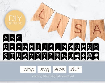 Wooden garland cutting files | DIY Garland .svg .dxf .eps .png, lasercut files, alphabet, letter guirlande, stencils, cricut name flags