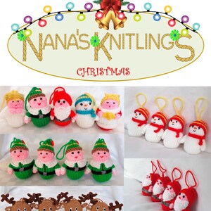 May include: A collection of handmade knitted Christmas ornaments, including elves, snowmen, Santa Claus, reindeer, and a snowman. The ornaments are all white with red, green, and yellow accents. The ornaments are hanging from a string and are ready to be hung on a Christmas tree.