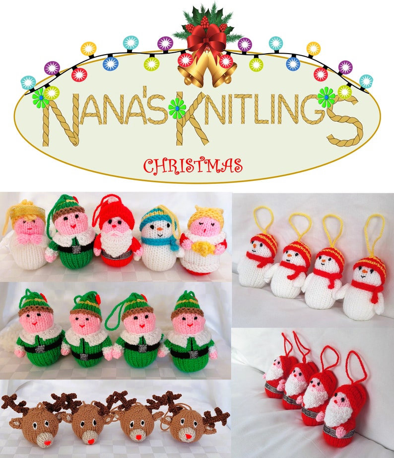 May include: A collection of handmade knitted Christmas ornaments, including elves, snowmen, Santa Claus, reindeer, and a snowman. The ornaments are all white with red, green, and yellow accents. The ornaments are hanging from a string and are ready to be hung on a Christmas tree.