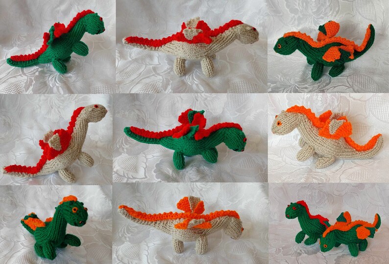 May include: Nine knitted dragon toys in various poses. The dragons are made with beige, green, and orange yarn. Some dragons have red accents.