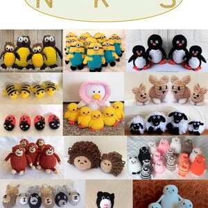 May include: A collection of knitted animal toys, including owls, Minions, penguins, bees, ladybugs, chicks, bunnies, sheep, monkeys, hedgehogs, cats, pigs, and polar bears. The toys are all handmade and feature various colors and patterns.