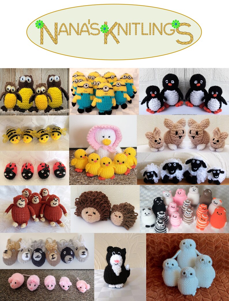 May include: A collection of knitted animal toys, including owls, Minions, penguins, bees, ladybugs, chicks, bunnies, sheep, monkeys, hedgehogs, cats, pigs, and polar bears. The toys are all handmade and feature various colors and patterns.